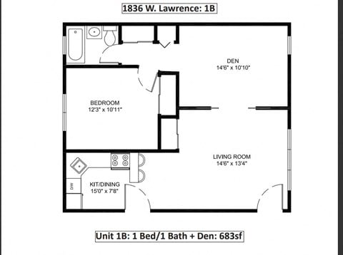 Floor plan for 1 bed, 1 bath, 700 sqft